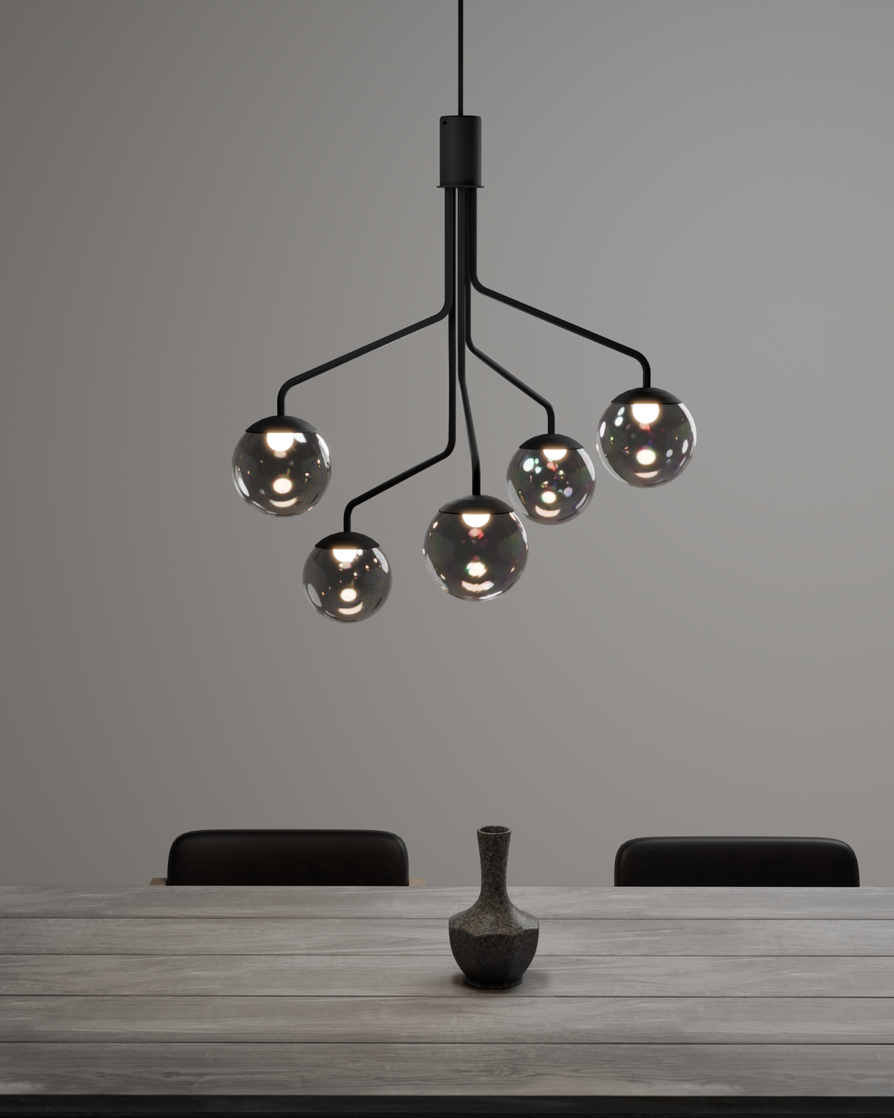 Lumo chandelier with moonlight inspired soft ambient glow and balanced modern form ثريا لومو بتوهج محيطي ناعم مستوحى من ضوء القمر وتصميم عصري متوازن