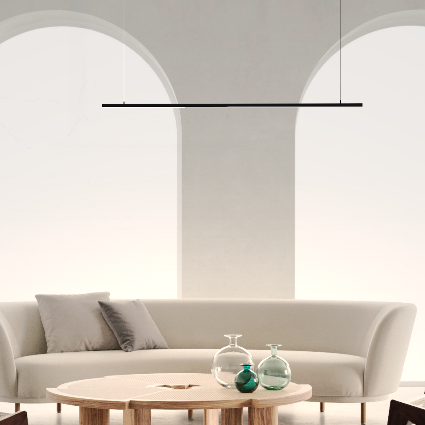 Slight pendant light with slim horizontal design creating soft ambient lighting / إضاءة معلقة بتصميم أفقي نحيف توفّر إضاءة هادئة ولمسة عصرية