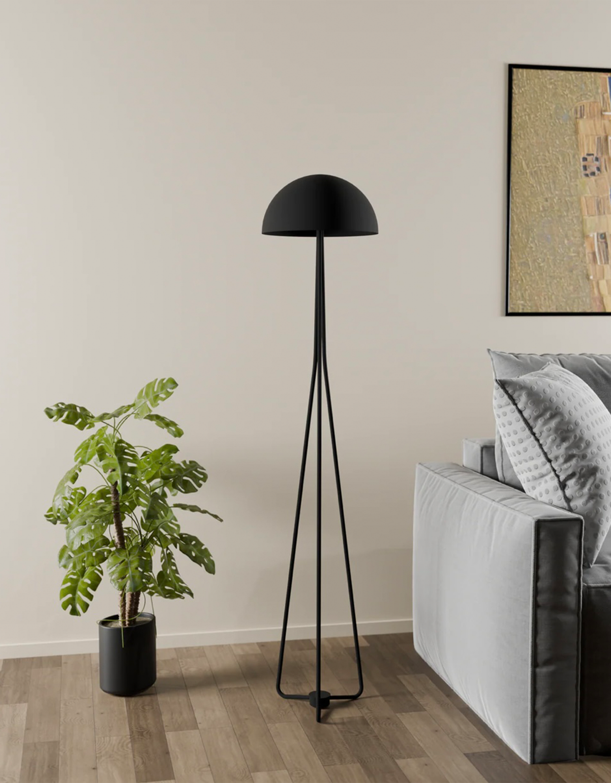 Lunar floor lamp with dome shaped celestial calm design and integrated LED soft glow مصباح أرضي لونار بتصميم قبة هادئ وضوء LED مدمج وتوهج ناعم