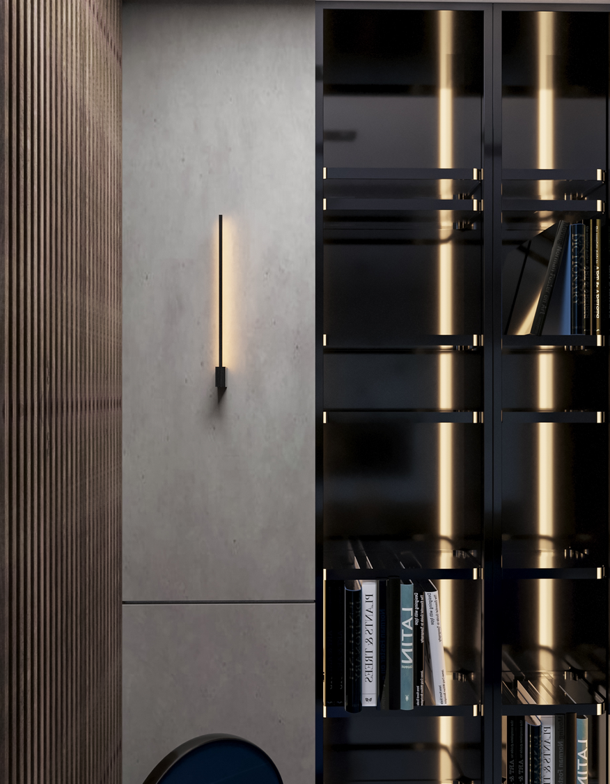 Black square wall lamp with linear design casting soft indirect light / مصباح حائط أسود مربع بخطوط هندسية يبعث إضاءة غير مباشرة ناعمة