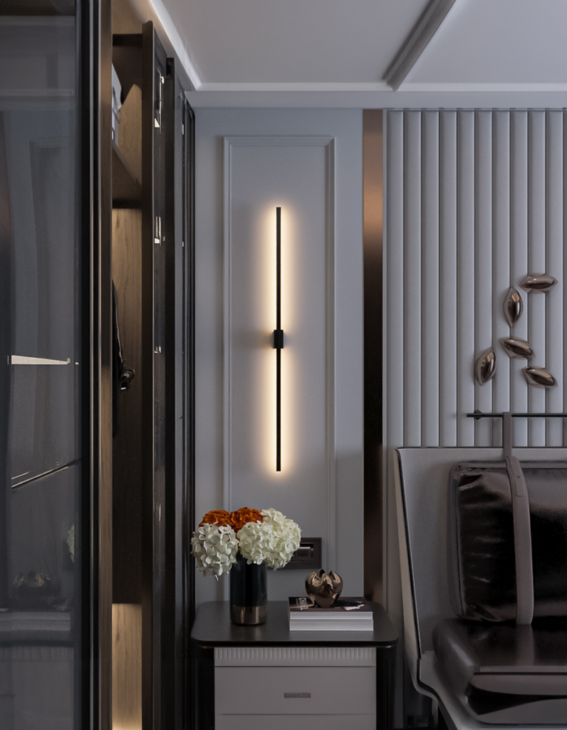Black square wall lamp with double linear design casting soft indirect light / مصباح حائط أسود مربع بتصميم خطي مزدوج يبعث إضاءة غير مباشرة ناعمة