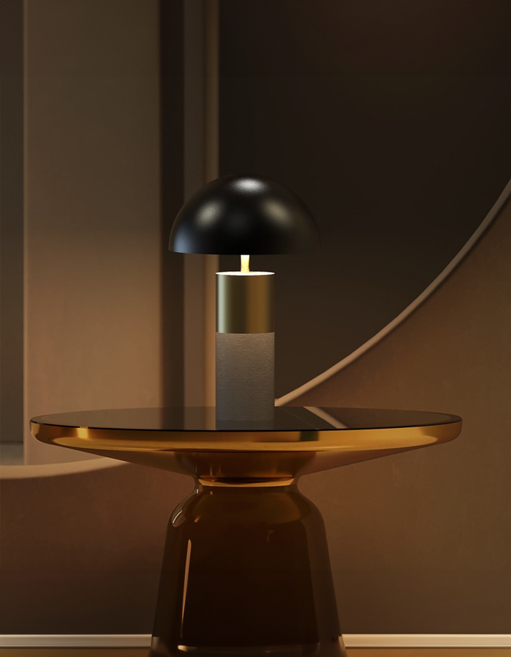 Canopy table lamp with elegant sculptural shade providing soft ambient lighting / مصباح طاولة بتصميم أنيق وغطاء نحتي يوفّر إضاءة هادئة ومريحة
