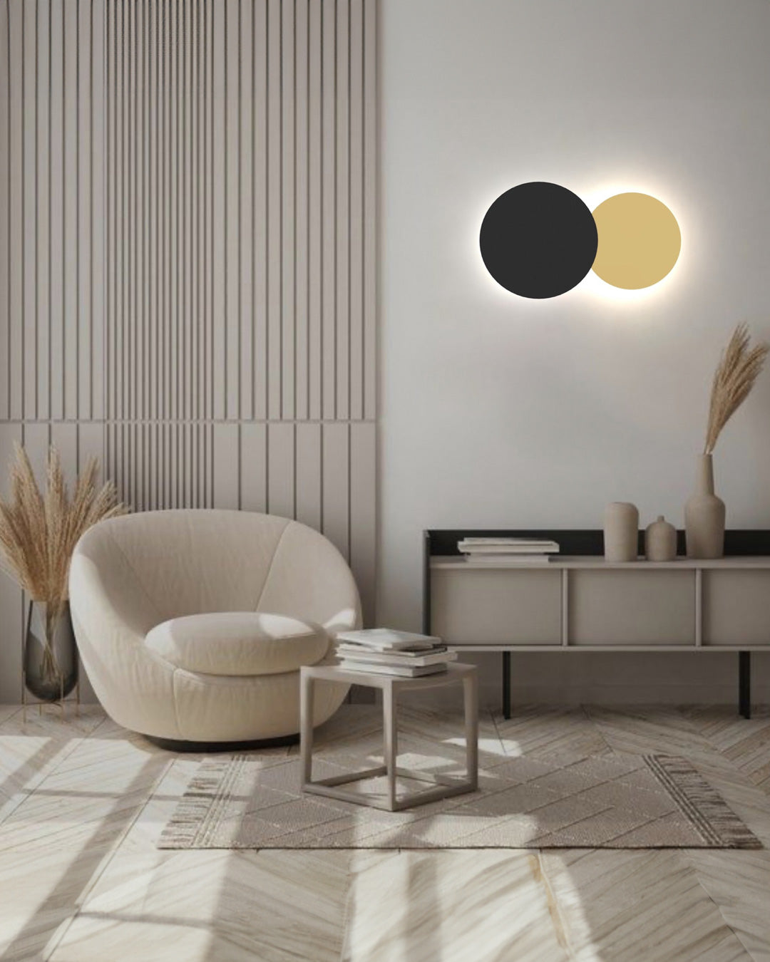 Dual circle wall lamp with indirect glow creating a modern decorative accent / مصباح حائط بدائرتين متناسقتين يبعث إضاءة غير مباشرة بطابع عصري