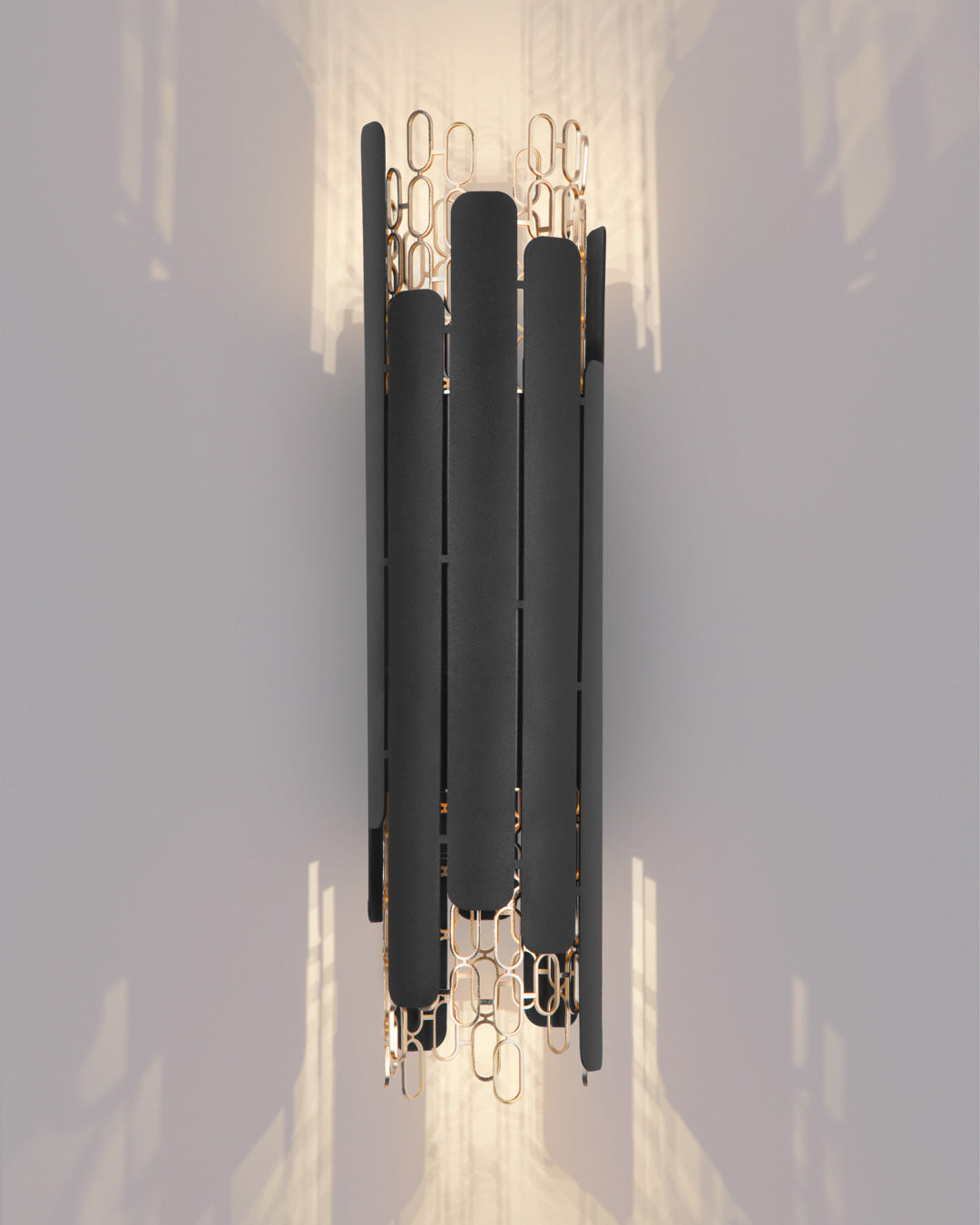 Chain inspired wall lamp with rhythmic flowing form casting soft indirect light / مصباح حائط بتصميم متسلسل إيقاعي يبعث إضاءة غير مباشرة ناعمة