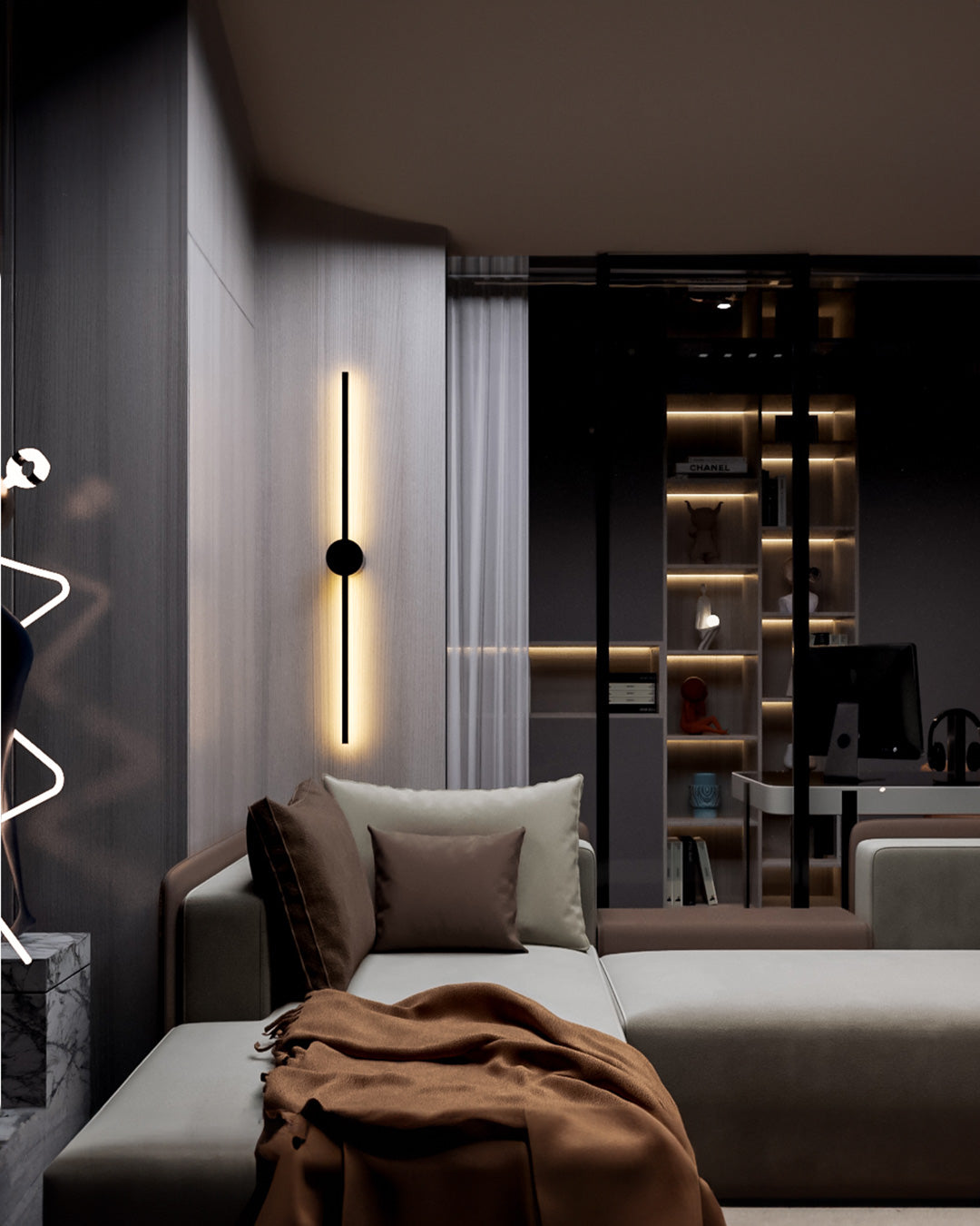 Double Lines Circle Wall Lamp - Minimal Stainless Steel Indirect Lighting, Black,100×11cm