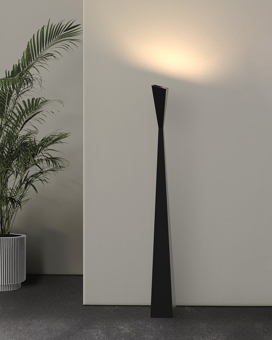 Aura floor lamp with slim modern profile casting soft ambient light / مصباح أرضي بتصميم أنيق ونحيف يوفّر إضاءة هادئة ولمسة عصرية