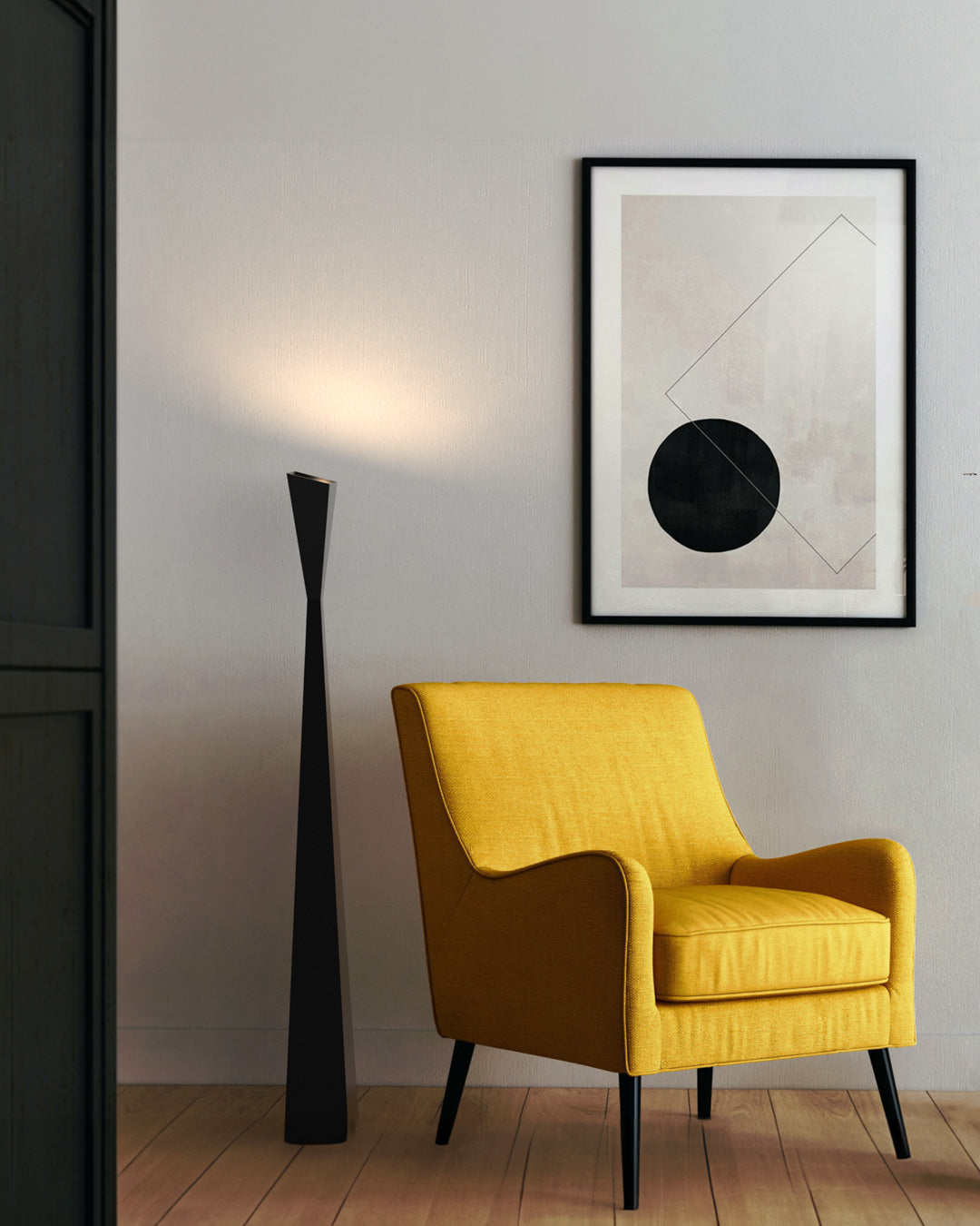 Aura floor lamp with slim modern profile casting soft ambient light / مصباح أرضي بتصميم أنيق ونحيف يوفّر إضاءة هادئة ولمسة عصرية
