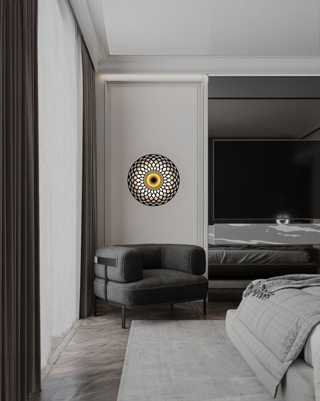 Globe wall lamp with spherical design creating a soft ambient glow / مصباح حائط كروي بتصميم عصري يوزع إضاءة هادئة داخل المساحة