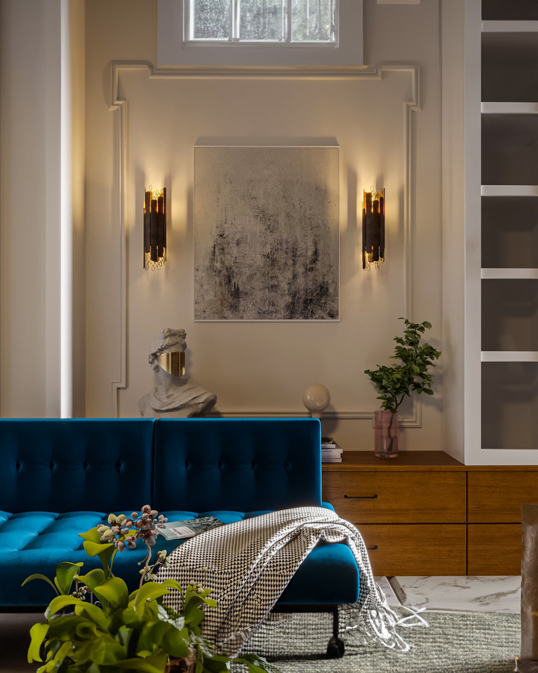 Chain inspired wall lamp with rhythmic flowing form casting soft indirect light / مصباح حائط بتصميم متسلسل إيقاعي يبعث إضاءة غير مباشرة ناعمة