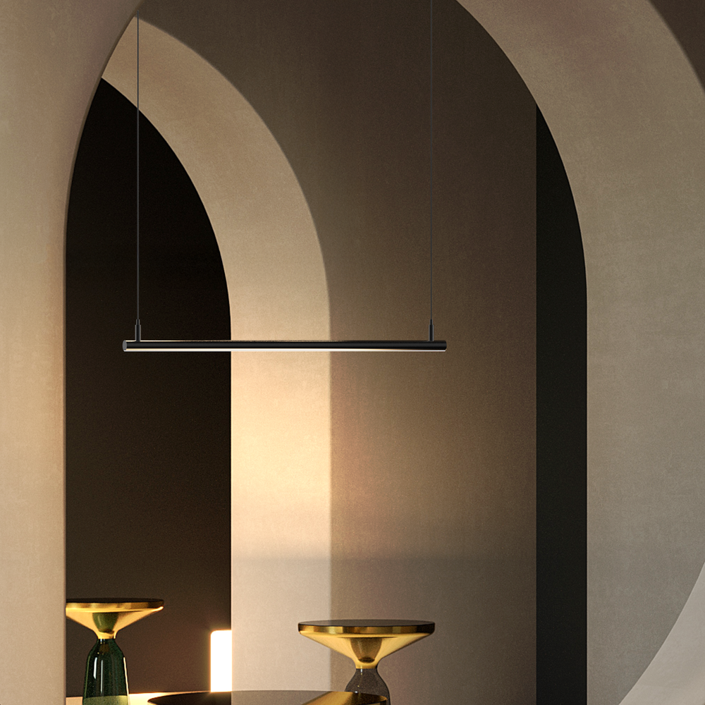 Slight pendant light with slim horizontal design creating soft ambient lighting / إضاءة معلقة بتصميم أفقي نحيف توفّر إضاءة هادئة ولمسة عصرية