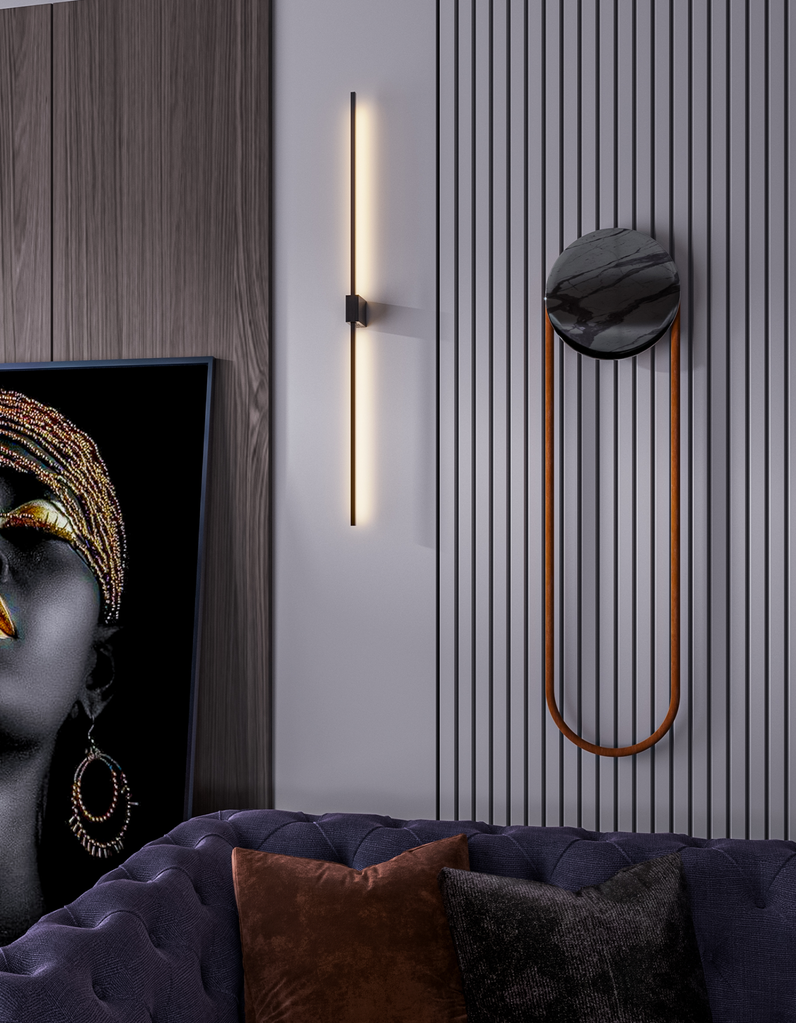 Black square wall lamp with double linear design casting soft indirect light / مصباح حائط أسود مربع بتصميم خطي مزدوج يبعث إضاءة غير مباشرة ناعمة