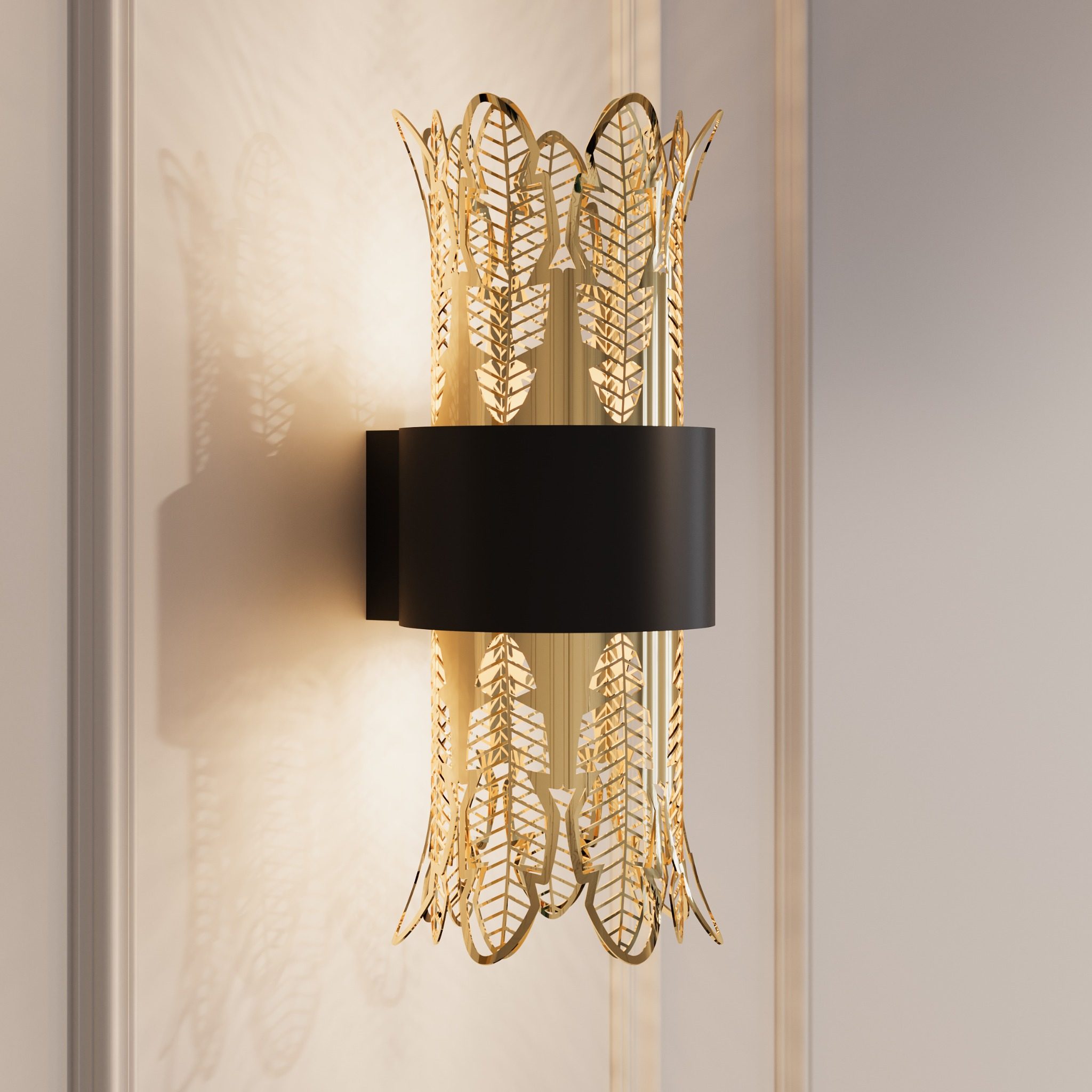 Leaf wall lamp with ancient Egyptian inspired sculptural design casting soft light / مصباح حائط بتصميم مستوحى من الأعمدة المصرية القديمة يبعث إضاءة ناعمة