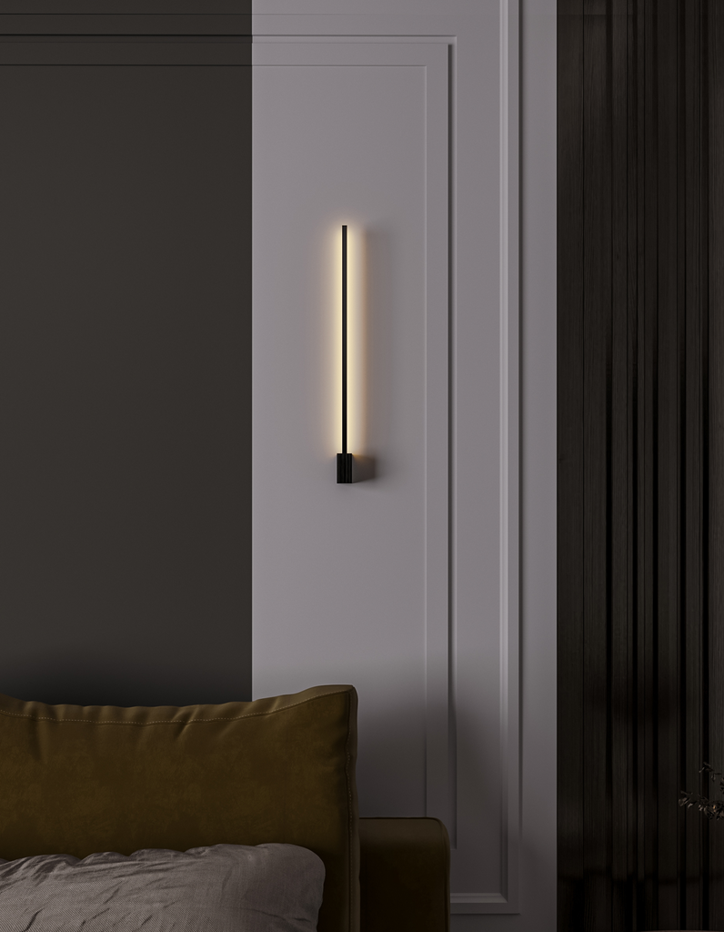 Black square wall lamp with linear design casting soft indirect light / مصباح حائط أسود مربع بخطوط هندسية يبعث إضاءة غير مباشرة ناعمة