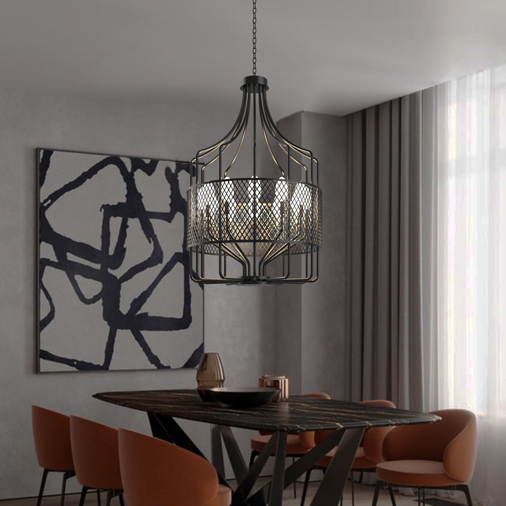 Majestic chandelier with layered sculptural shades and warm ambient glow ثريا ماجيستيك بظلال نحتية متعددة الطبقات وتوهج محيطي دافئ